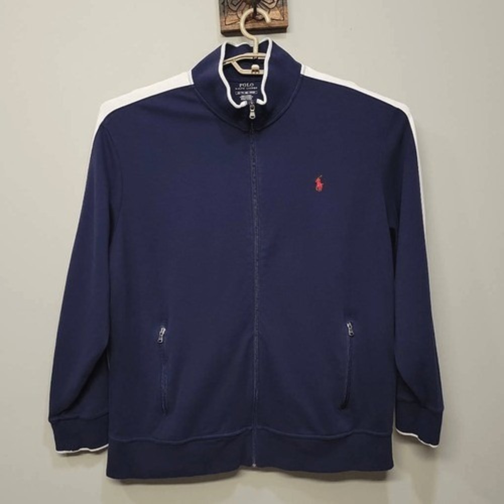 Polo Ralph Lauren Track Jacket Mens XXL Navy‎ Full Zip Stripe Cotton Zip Pockets